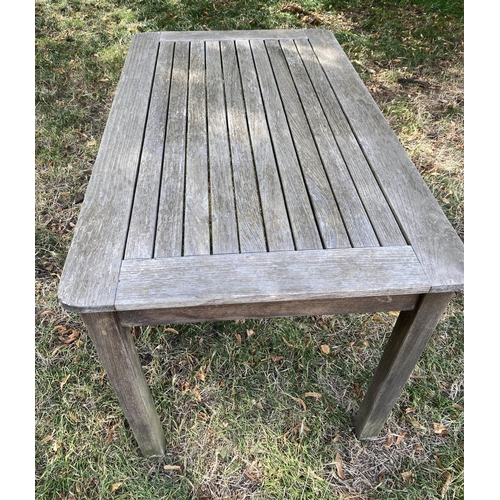 147 - GARDEN TABLE, 120cm x 70cm x 70cm H, weathered teak and slatted.