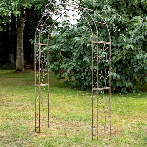 331 - ARCHITECTURAL GARDEN ARBOUR, 216cm H x 125cm W x 40cm D, faux verdigris metal, foliate design.