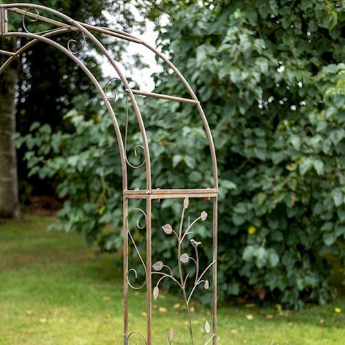 331 - ARCHITECTURAL GARDEN ARBOUR, 216cm H x 125cm W x 40cm D, faux verdigris metal, foliate design.