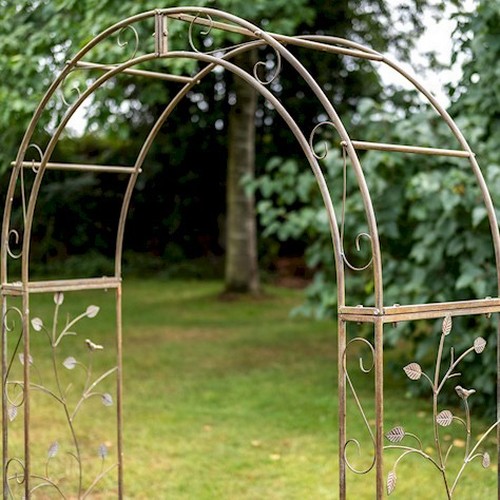 331 - ARCHITECTURAL GARDEN ARBOUR, 216cm H x 125cm W x 40cm D, faux verdigris metal, foliate design.