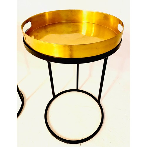 332 - SIDE TABLES, a pair, 50cm H x 42cm diam., gilt metal tray tops, on black metal supports. (2)