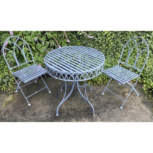 233 - TERRACE DINING SET, comprising two chairs and table, French style, painted metal, table 75cm H x 73c... 