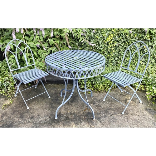 233 - TERRACE DINING SET, comprising two chairs and table, French style, painted metal, table 75cm H x 73c... 