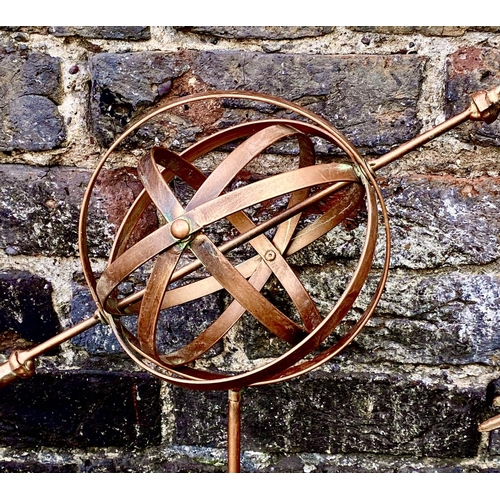 236 - ARMILLARY SPHERE GARDEN STAKES, a set of three, 115cm H x 39cm W x 17cm D, coppered metal finish. (3... 