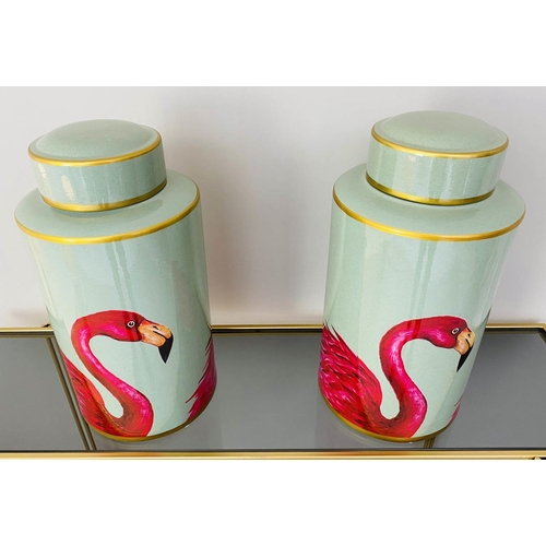 237 - GINGER JARS, pair, 40cm H x 20cm diam., glazed ceramic with flamingo design. (2)