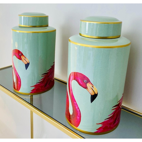 237 - GINGER JARS, pair, 40cm H x 20cm diam., glazed ceramic with flamingo design. (2)