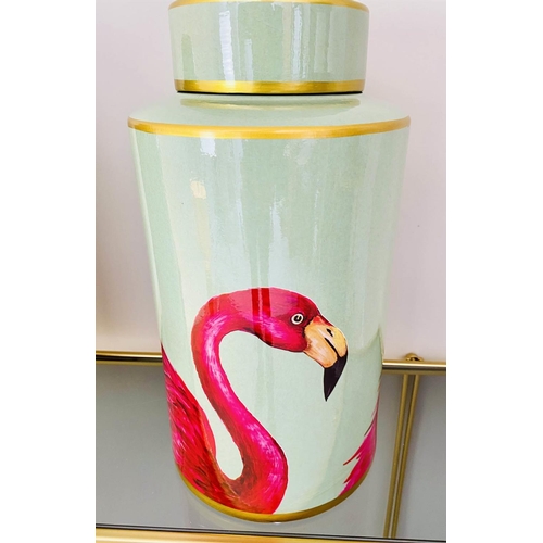 237 - GINGER JARS, pair, 40cm H x 20cm diam., glazed ceramic with flamingo design. (2)