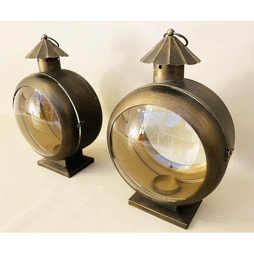 241 - LANTERNS, a pair, 54cm H x 37cm W x 26cm D, nautical style design, aged gilt finish (2)