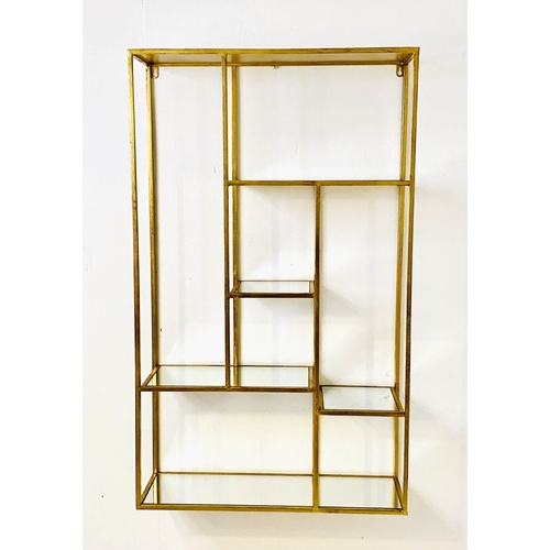 243 - WALL MOUNTING ETAGERE, 100cm H x 69cm W x 20cm D, 1960s French Style, gilt metal with mirrored glass... 