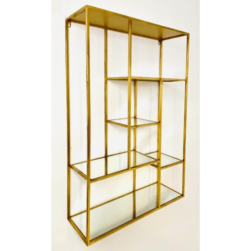 243 - WALL MOUNTING ETAGERE, 100cm H x 69cm W x 20cm D, 1960s French Style, gilt metal with mirrored glass... 