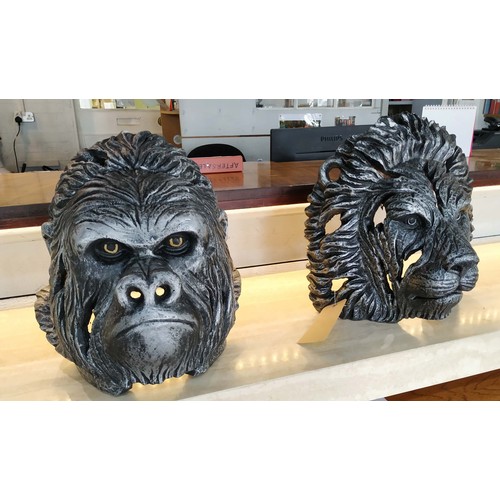 312 - CONTEMPORARY SCHOOL SCULPTURAL ANIMAL HEADS, one of a gorilla, another of a lion, painted resin, 40c... 