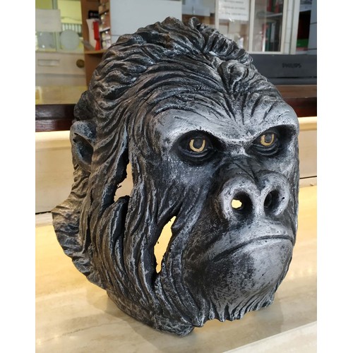 312 - CONTEMPORARY SCHOOL SCULPTURAL ANIMAL HEADS, one of a gorilla, another of a lion, painted resin, 40c... 