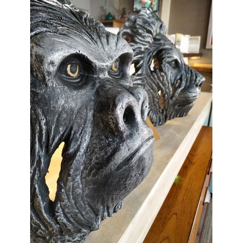 312 - CONTEMPORARY SCHOOL SCULPTURAL ANIMAL HEADS, one of a gorilla, another of a lion, painted resin, 40c... 