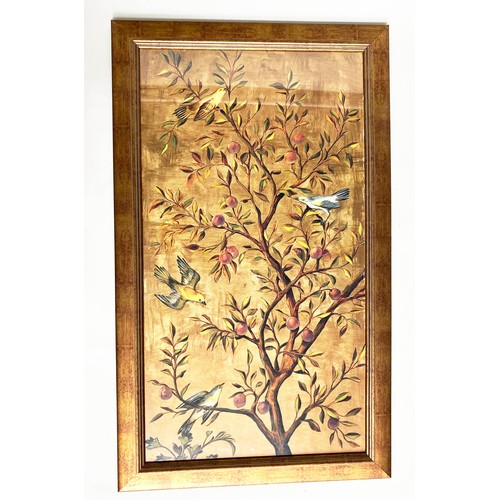 192 - BIRDS OF PARADISE PRINT, in fruiting plum tree, 112cm x 67cm, gilt framed.