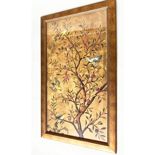 192 - BIRDS OF PARADISE PRINT, in fruiting plum tree, 112cm x 67cm, gilt framed.