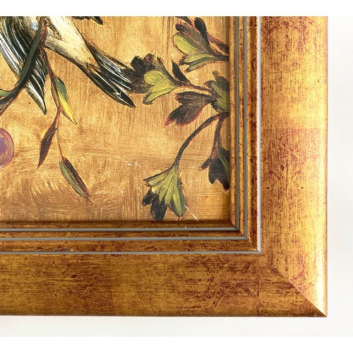 192 - BIRDS OF PARADISE PRINT, in fruiting plum tree, 112cm x 67cm, gilt framed.