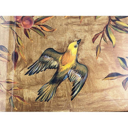 192 - BIRDS OF PARADISE PRINT, in fruiting plum tree, 112cm x 67cm, gilt framed.