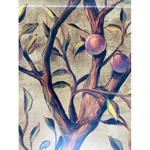 192 - BIRDS OF PARADISE PRINT, in fruiting plum tree, 112cm x 67cm, gilt framed.