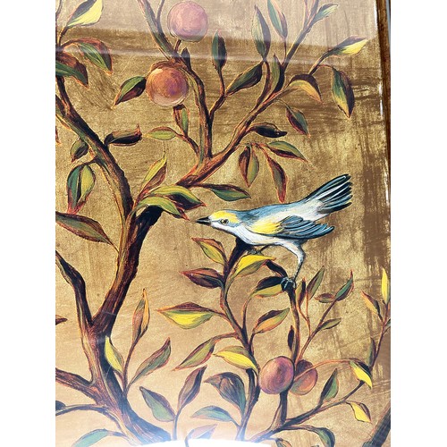 192 - BIRDS OF PARADISE PRINT, in fruiting plum tree, 112cm x 67cm, gilt framed.