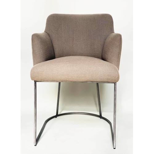 186 - ARMCHAIRS, a pair, with rounded backs and arms, grey upholstery and metal frames.