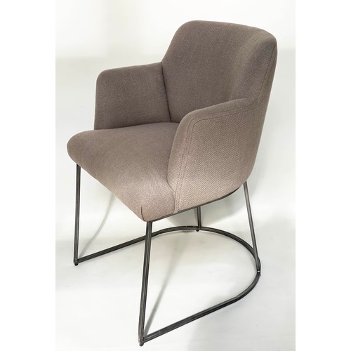 186 - ARMCHAIRS, a pair, with rounded backs and arms, grey upholstery and metal frames.