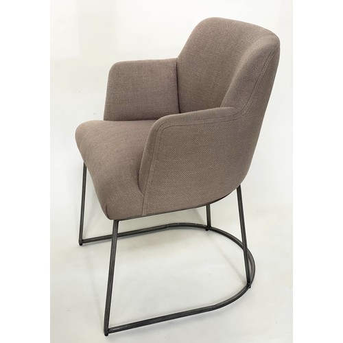 186 - ARMCHAIRS, a pair, with rounded backs and arms, grey upholstery and metal frames.