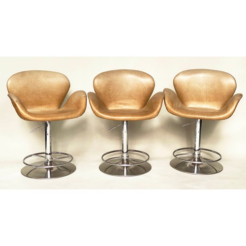 187 - ARTSOME PUMP STOOLS, a set of three, seat height 55cm to 82cm H, tan hide leather upholstered, heigh... 