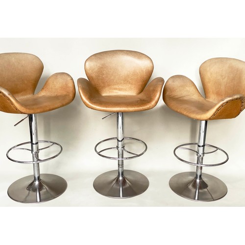 187 - ARTSOME PUMP STOOLS, a set of three, seat height 55cm to 82cm H, tan hide leather upholstered, heigh... 