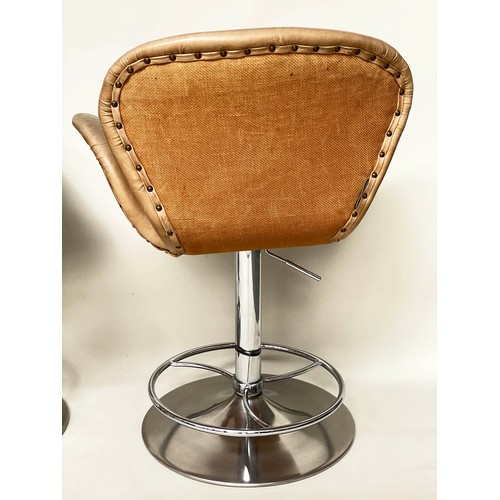 187 - ARTSOME PUMP STOOLS, a set of three, seat height 55cm to 82cm H, tan hide leather upholstered, heigh... 