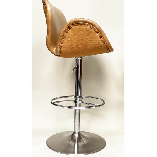 187 - ARTSOME PUMP STOOLS, a set of three, seat height 55cm to 82cm H, tan hide leather upholstered, heigh... 