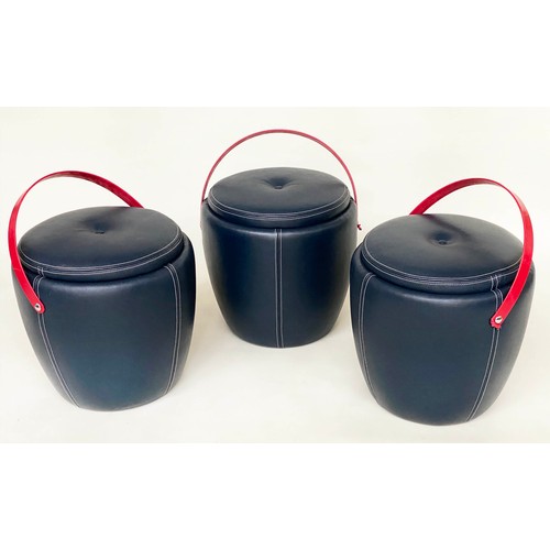 191 - BERKELY BAR STOOLS, a set of three, 42cm W x 42cm H, leather upholstered as ice buckets with handles... 