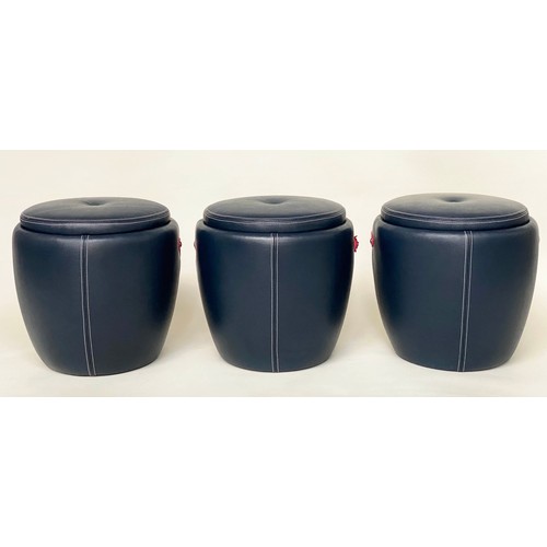 191 - BERKELY BAR STOOLS, a set of three, 42cm W x 42cm H, leather upholstered as ice buckets with handles... 