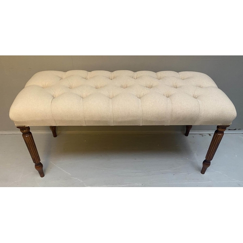 254 - WINDOW SEAT, 47cm H x 100cm W x 52cm D, neutral linen deep buttoned upholstered seat, turned legs.