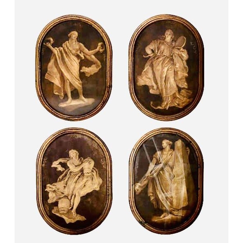 293 - WALL PLAQUES, set of four, depicting Greek gods, wooden construction with glazed relief, 57cm x 40cm... 