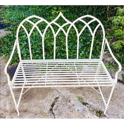 297 - GARDEN BENCH, 103cm H x 104cm W x 55cm D, in the Gothic design, white painted metal frame.