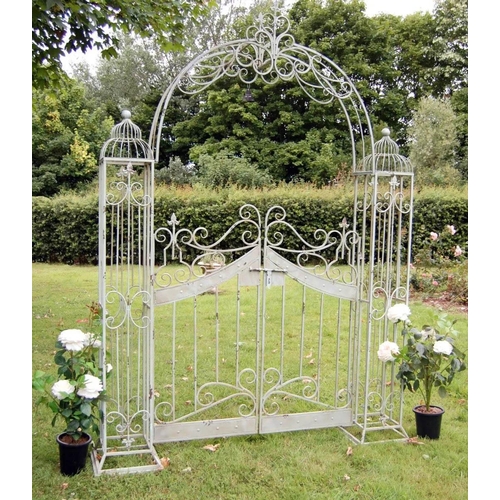 299 - ARCHITECTURAL GARDEN GATE, 250cm H x185cm W x 38cm D, Regency style painted metal.