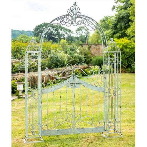 299 - ARCHITECTURAL GARDEN GATE, 250cm H x185cm W x 38cm D, Regency style painted metal.