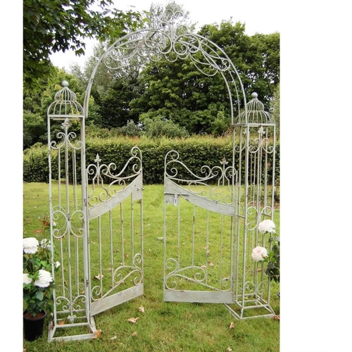 299 - ARCHITECTURAL GARDEN GATE, 250cm H x185cm W x 38cm D, Regency style painted metal.