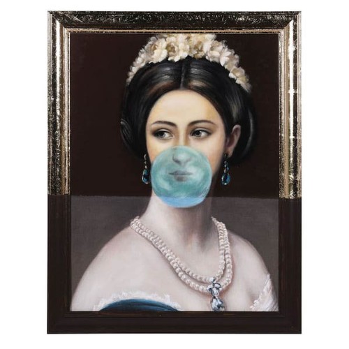 305 - PORTRAIT OF A REGENCY LADY, blowing bubble gum, 92cm x 72cm, framed.