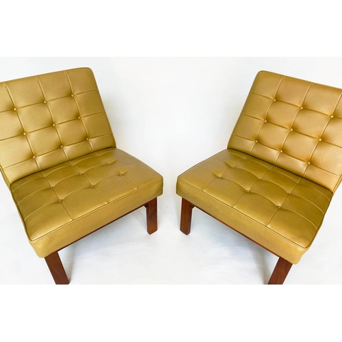 193 - LOUNGE CHAIRS, a pair, 70cm H x 57cm W, buttoned yellow vinyl upholstered. (2)