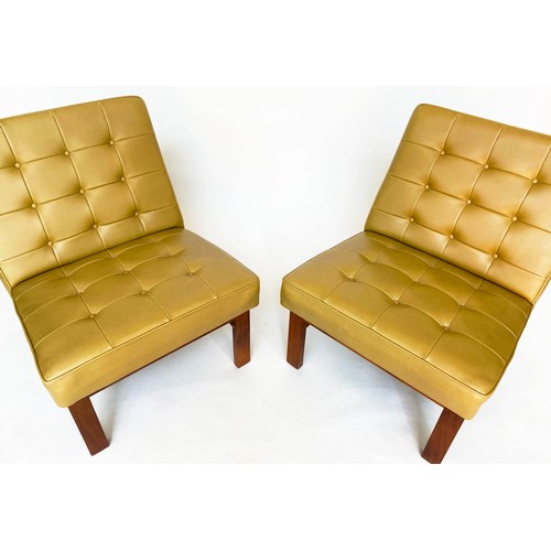 193 - LOUNGE CHAIRS, a pair, 70cm H x 57cm W, buttoned yellow vinyl upholstered. (2)