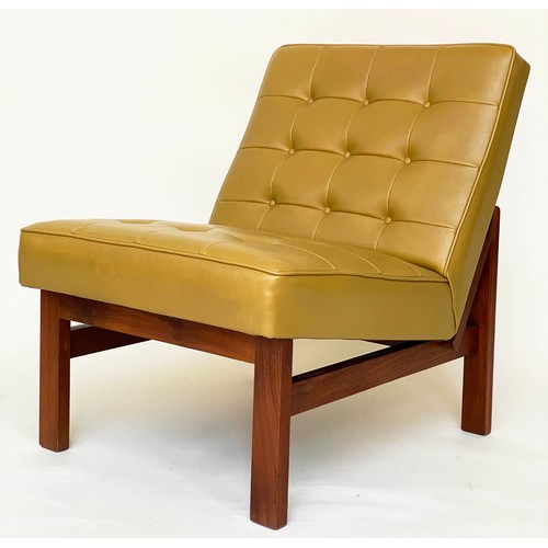 193 - LOUNGE CHAIRS, a pair, 70cm H x 57cm W, buttoned yellow vinyl upholstered. (2)