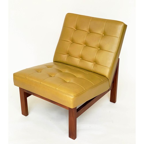 193 - LOUNGE CHAIRS, a pair, 70cm H x 57cm W, buttoned yellow vinyl upholstered. (2)