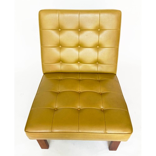 193 - LOUNGE CHAIRS, a pair, 70cm H x 57cm W, buttoned yellow vinyl upholstered. (2)