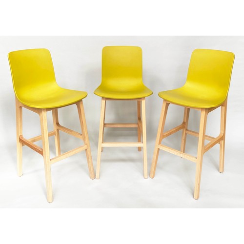 190 - BAR STOOLS, a set of three, 104cm H x 47cm W, oak framed with yellow acrylic seats, by Elite. (3)