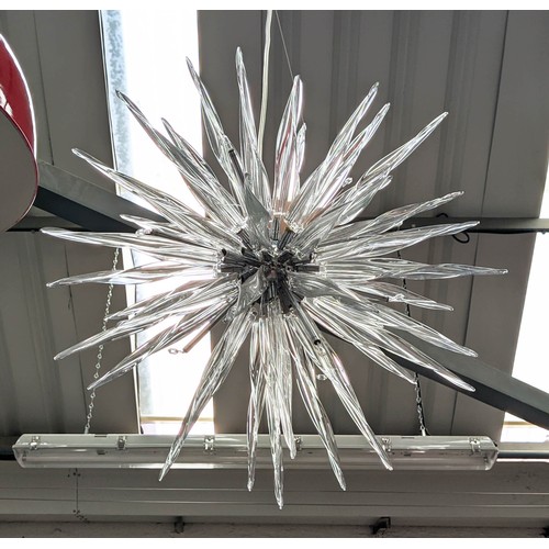 306 - CEILING PENDANT LIGHT, 119cm drop approx., Italian style star design, Perspex and polished metal.