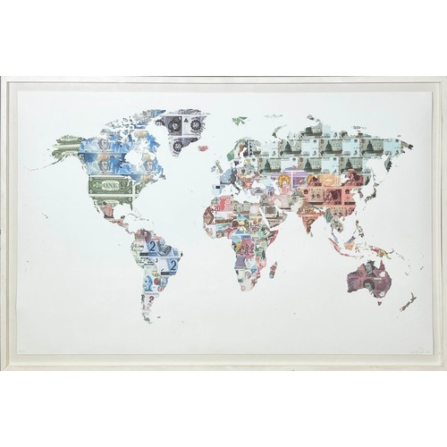 94 - JUSTINE SMITH, 'Money Map of the World', screen print, 85cm x 136cm, signed, framed. (Subject to ARR... 