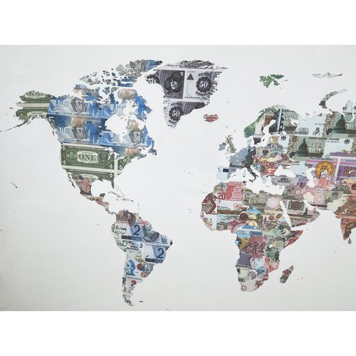 94 - JUSTINE SMITH, 'Money Map of the World', screen print, 85cm x 136cm, signed, framed. (Subject to ARR... 