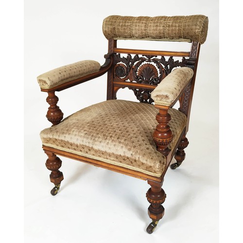 282 - LOUNGE CHAIR, 84cm H x 62cm W, Victorian walnut & boxwood, circa 1850 in original patterned velvet, ... 