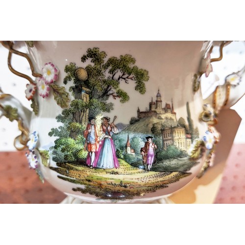 6 - MEISSEN AUGUSTUS REX PORCELAIN URNS, a pair, 25cm H, Rococo style, foliate decorated with figural ga... 